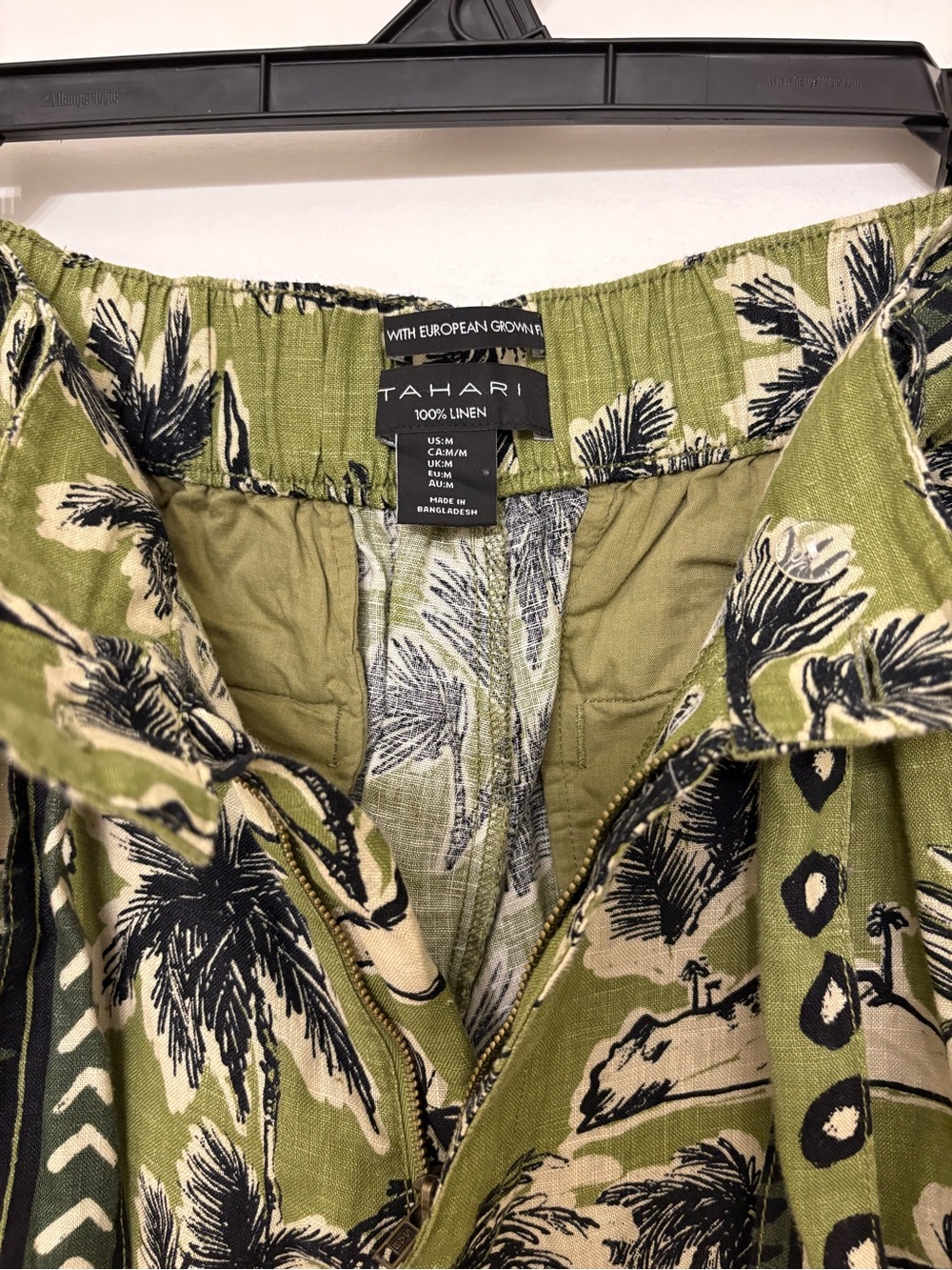 Tahari 100% Linen Wide Leg Pants Green Tropical Palm Print Belted Resort M - Picture 2 of 12